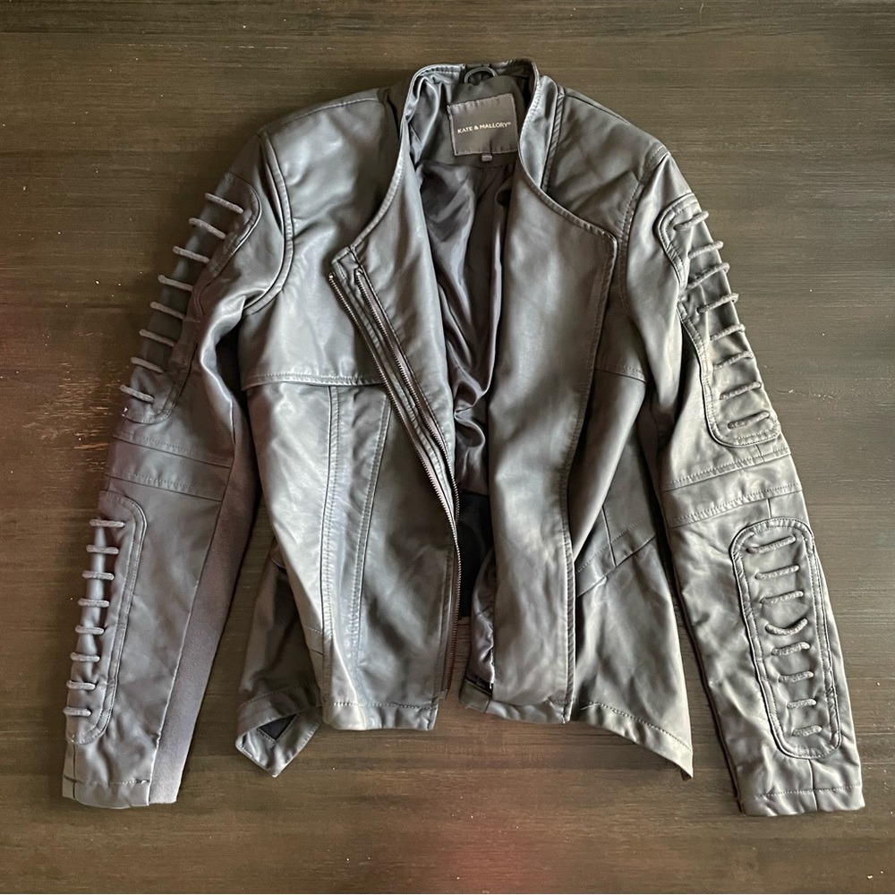 Charcoal Gray Faux Leather Zip Up Moto Jacket